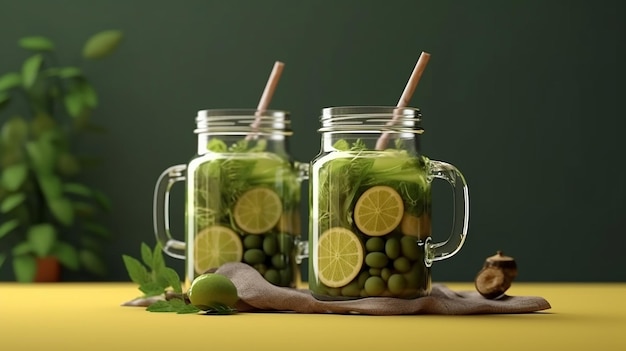 Glasbecher mit grünem Gesundheits-Smoothie, Grünkohlblättern, Limetten, Äpfeln, Kiwi, Trauben, Bananen usw.