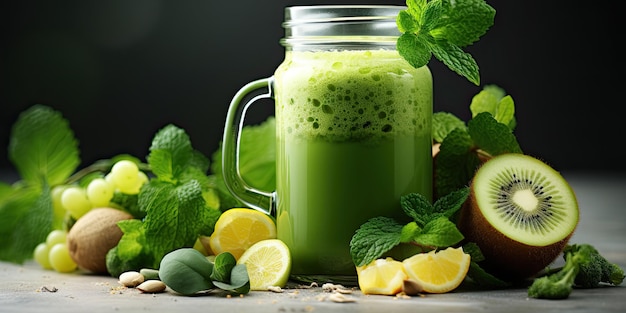 Glasbecher mit grünem Gesundheits-Smoothie Roh-veganes vegetarisches alkalisches Lebensmittelkonzept