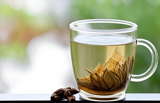 Glasbecher mit grünem Tee und Jasminblumen