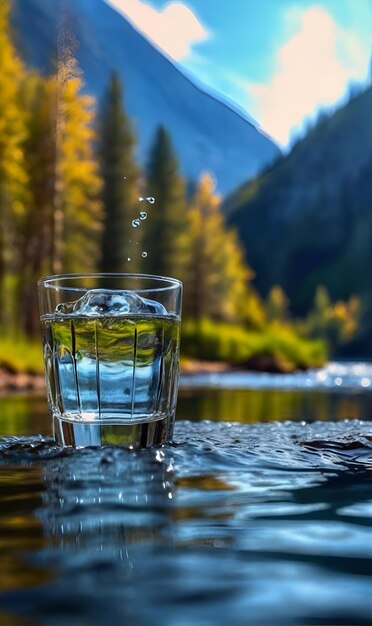 Foto glasbecher mit klarem wasser mit dem fluss im hintergrund