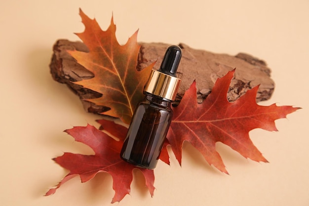 Glasbraune Flasche ätherisches Öl auf Holzpodesten Dekor und Herbstlaub vor beigem Hintergrund Saisonaler Herbsthintergrund