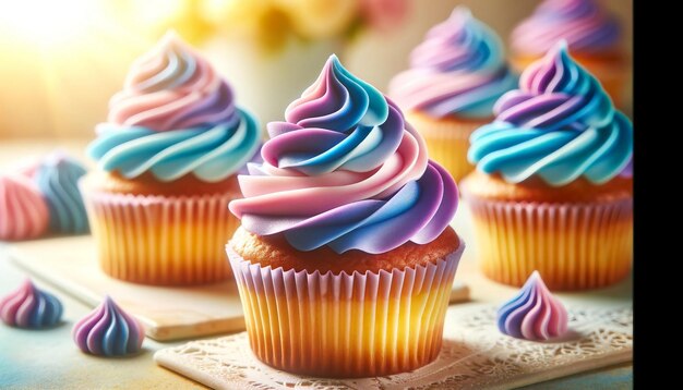 El glaseado pastel en los cupcakes invita a un dulce regalo de cerca