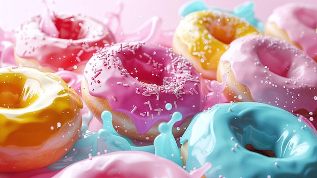 Foto el glaseado rosa, azul y amarillo gotea de las rosquillas.
