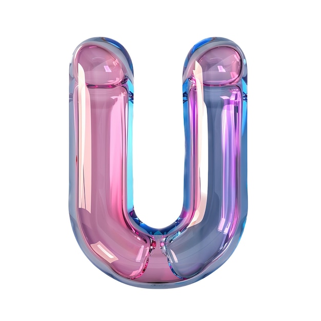 Glasfarbener rosa und blauer Buchstabe U für Logo im Stil des Neumorphismus weiche natürliche Beleuchtung einfach und
