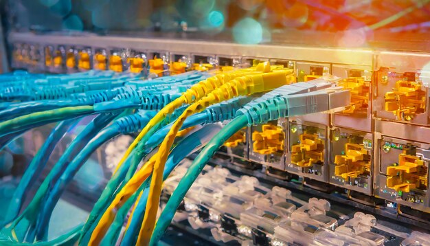 Glasfaserkabel, die an optische Anschlüsse angeschlossen sind, und Netzwerkkabel, die an Ethernet angeschaltet sind