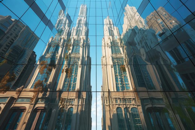 Glasfassaden von Wolkenkratzern erzeugen einen Spiegeleffekt, der mit generativer KI erzeugt wurde