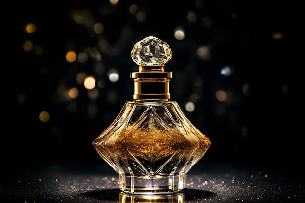 Glasflasche Frauenparfüm auf goldenem Glitzer und verschwommenem Bokeh-Lichthintergrund Generative KI
