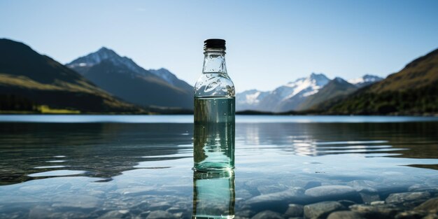 Foto glasflasche für wasser oder getränke in einer wunderschönen berglandschaft generative ki