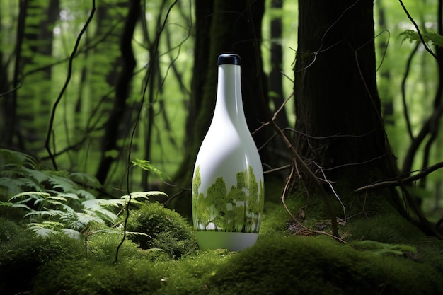 Glasflasche im Wald mit Moos und Bäumen im Hintergrund