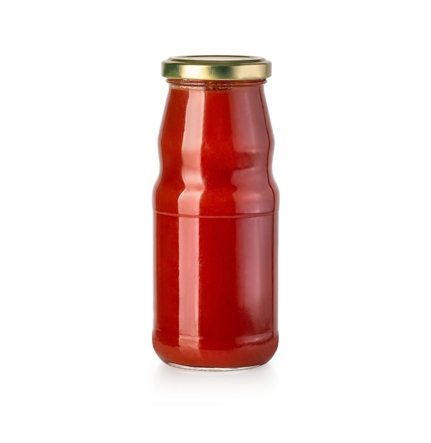 Glasflasche Ketchup auf weißem Hintergrund