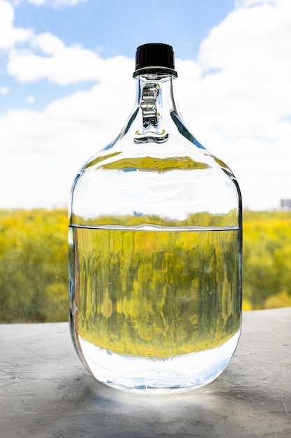 Glasflasche mit Alkohol über buntem Wald