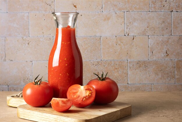 Glasflasche mit hausgemachter Tomatensauce und reifen ganzen und gehackten Tomaten auf dem Tisch Selektiver Fokus Platz für Text