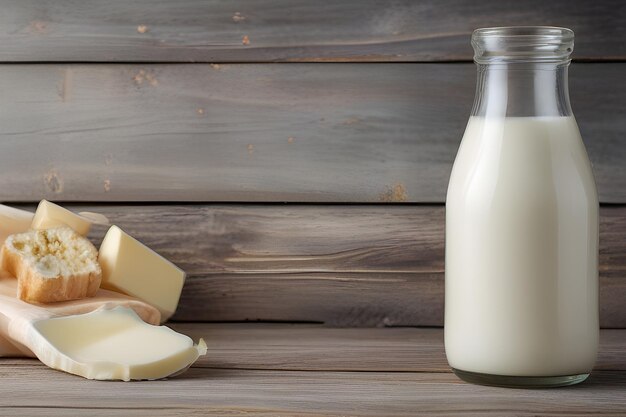 Glasflasche mit Kuhmilch, Schafmilch und Käse steht auf einem Holzflaschen mit einem landwirtschaftlichen Konzept