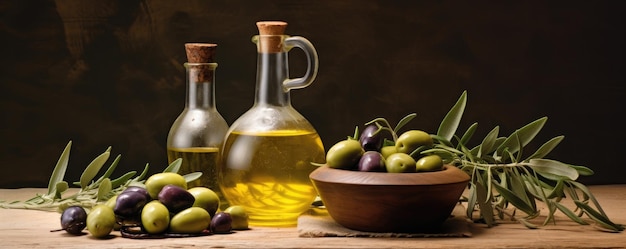 Glasflasche mit Olivenöl und Olivenholztisch im Olivenhain-Sonnenlicht Generative KI
