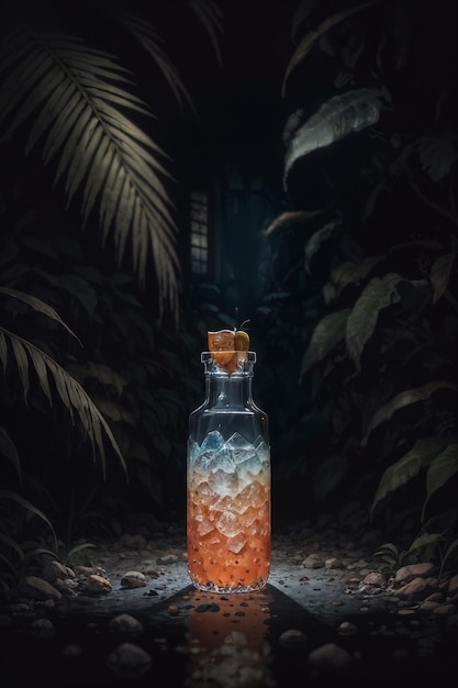 Glasflasche mit Orangengetränk im dunklen Dschungel
