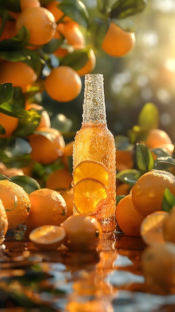 Foto glasflasche mit orangensaft mit orangenfruchtelementen und reflektierender wasseroberfläche