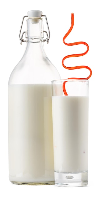 Glasflasche und Tasse frische Milch isoliert