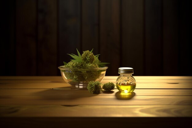 Glasflaschen mit Cannabisöl auf dunklem Holzhintergrund Generative KI-Illustration einer natürlichen, biologischen, gesunden Behandlung