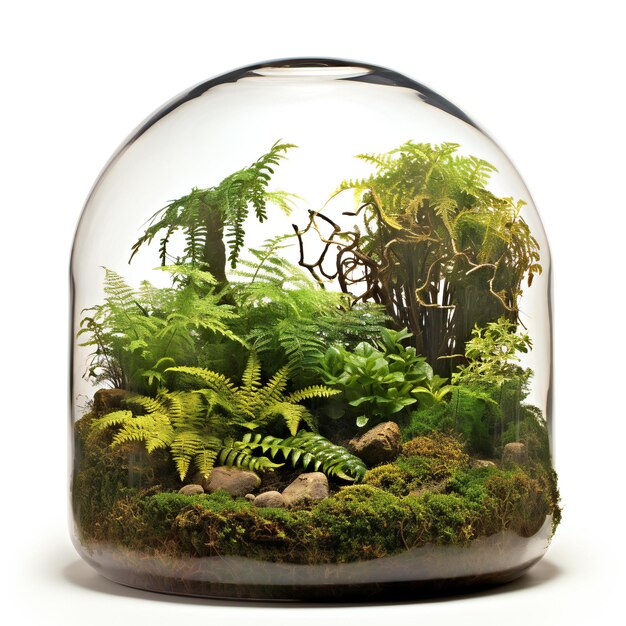 Glasflorarium mit Farnen, Moos und Pflanzen