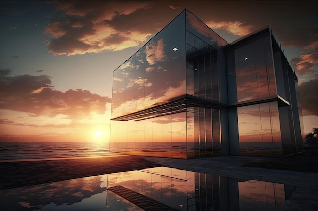 Glasgebäude mit Blick auf das Meer und den Sonnenuntergang für modernes und anspruchsvolles Design
