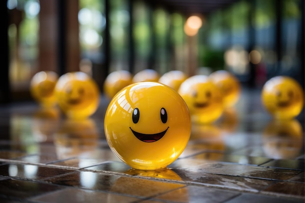 Glasgelbe Bälle mit Lächeln auf der Kopfsteinpflasterstraße Hochqualitätsfoto