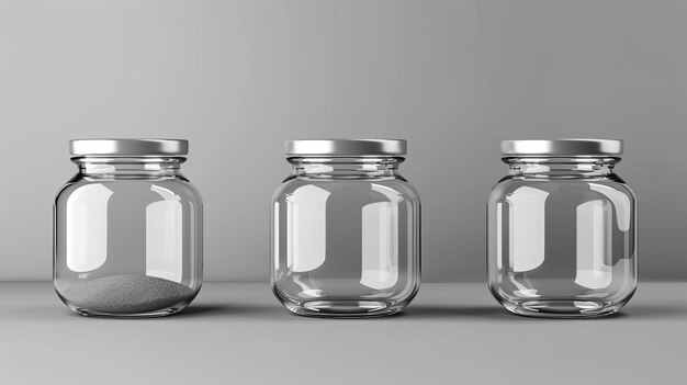 Glasgläser, die auf grauem Hintergrund isoliert sind. Moderne realistische Illustration von leeren, durchsichtigen Behältern zur Konservierung von Lebensmitteln, Küchenvorrat, Marmelade, Konserven und Küchenwaren.