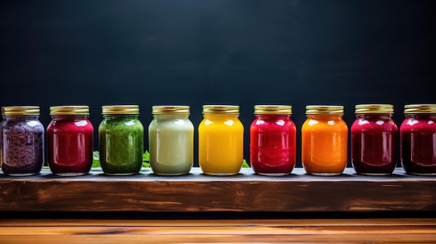 Foto glasgläser mit farbenfrohen, pürierten früchten stehen auf einem rustikalen holztisch.