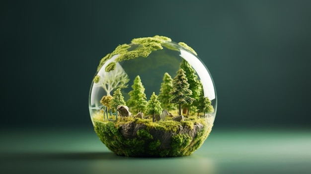 Glasglobe mit Wald im Inneren auf grünem Hintergrund 3D-Illustration