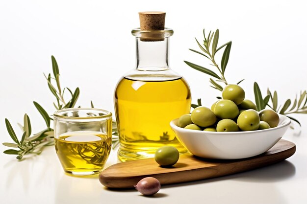 Glasgrüne Oliven auf Schüssel und Flasche Olivenöl auf weißem Hintergrund
