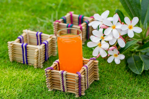Glashalter aus Bambusstöcken mit einem Glas Orangensaft auf Grashintergrund