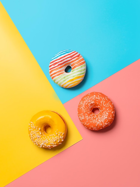 Glasierte Donuts auf farbenfrohem Hintergrund