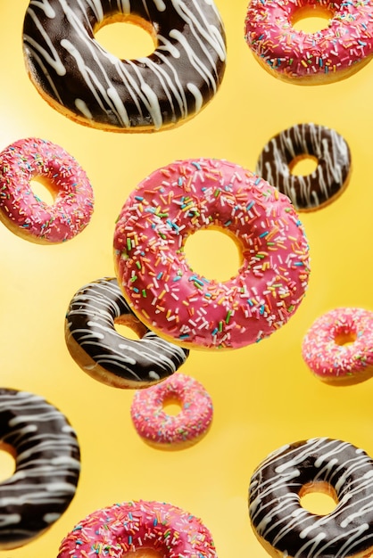 Glasierte Donuts, die auf gelbem Hintergrund schweben