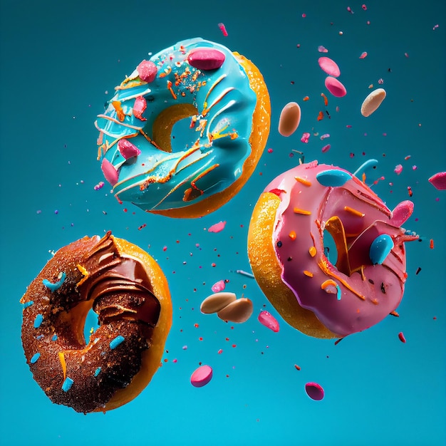 Glasierter süßer realistischer Donut auf blauem Hintergrund Generative KI