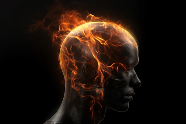 Glaskopf mit einem Gehirn in Flammen, das die Erfahrung von Migräne oder Kopfschmerzen symbolisiert, die von der KI erzeugt wurden