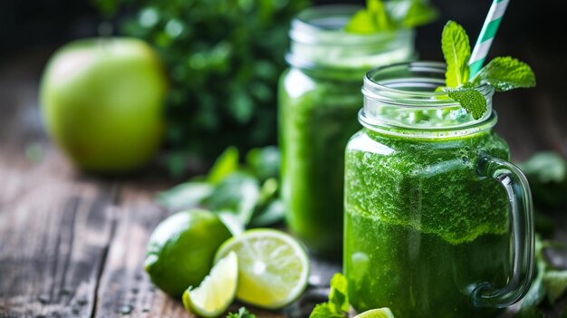 Foto glaskrüge mit grünem gesundheits-smoothie, limettäplei, ai generative