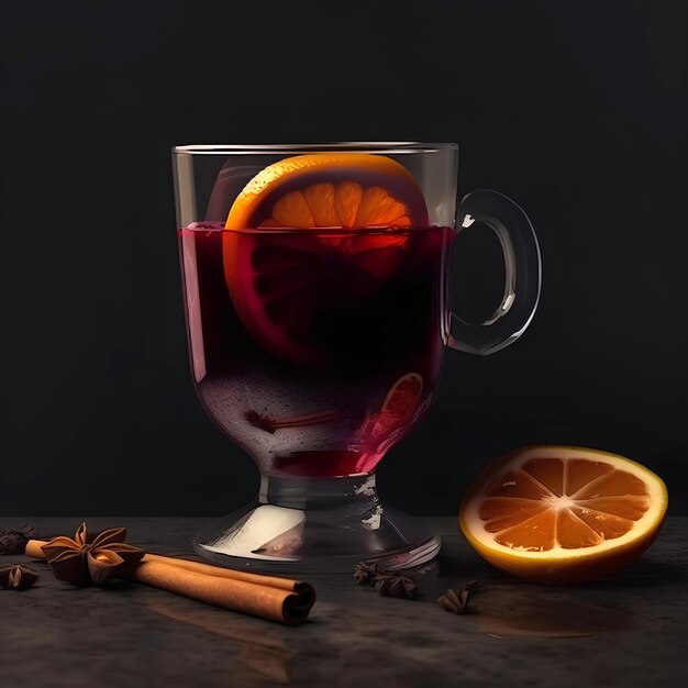 Glaskrug mit Glühwein mit Zutaten auf dem Holztisch auf dunklem Hintergrund