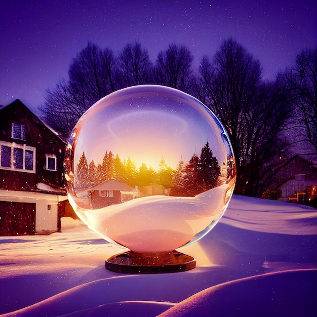 Glaskugel auf dem Schnee mit einer wunderschönen Landschaft im Inneren