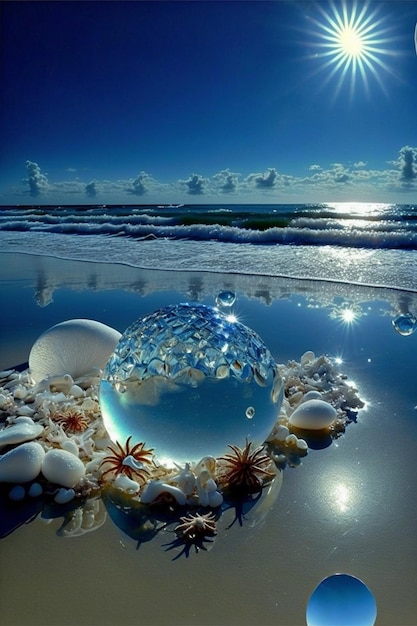 Glaskugel, die oben auf einem sandigen Strand sitzt generative ai