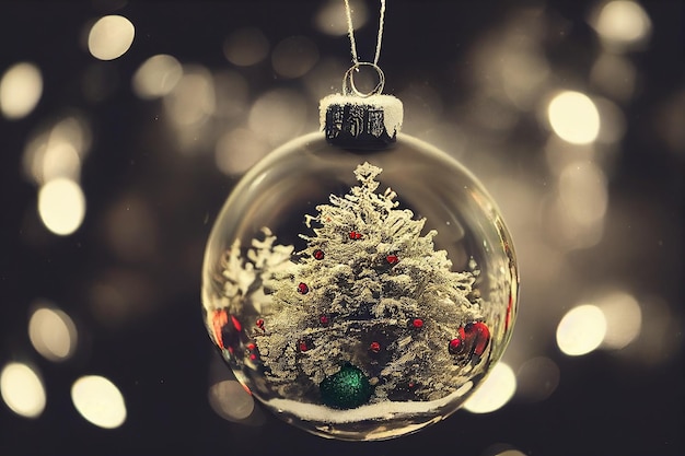 Glaskugel im Schnee mit Weihnachtsdekoration und farbigem Hintergrund Weihnachtsglaskugel Selektiver Fokus