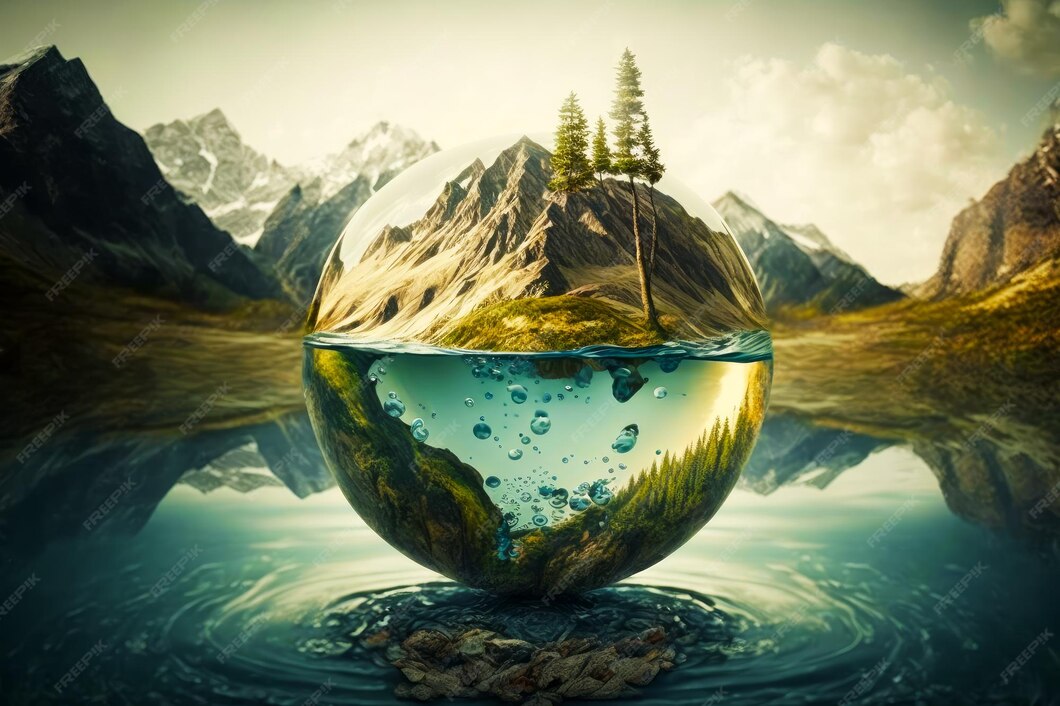 Glaskugel mit Baum darin schwimmend im Gewässer Generative KI Premium