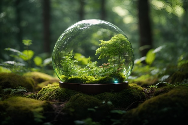 Glaskugel mit grünen Bäumen im Wald Umweltschutzkonzept generative KI