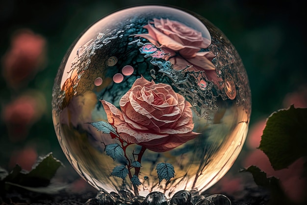 Glaskugel mit Rosen im Inneren und Wassertropfen, kreative ai