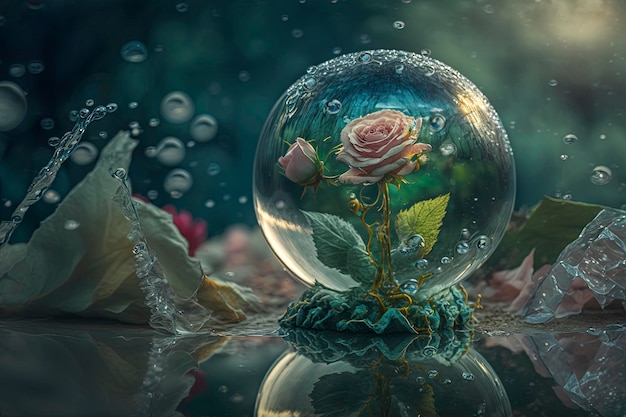 Glaskugel mit Rosen im Inneren und Wassertropfen, kreative ai
