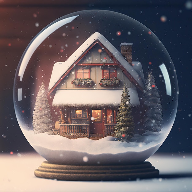 Glaskugel mit Santa39s Haus im Schnee und Weihnachtsdekoration und farbigem Hintergrund Weihnachtsglaskugel