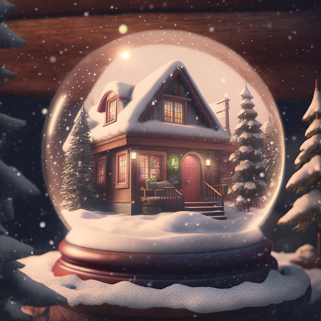 Glaskugel mit Santa39s Haus im Schnee und Weihnachtsdekoration und farbigem Hintergrund Weihnachtsglaskugel