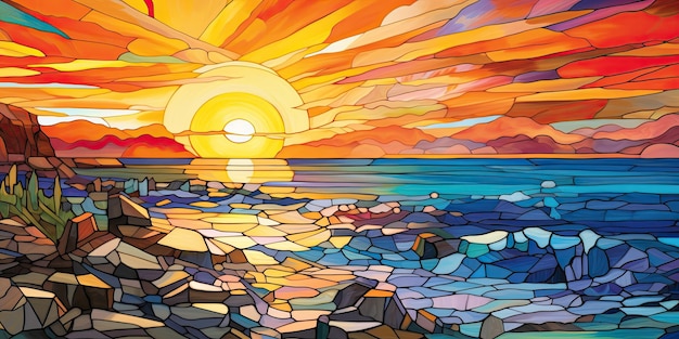 Glasmalerei Sonnenuntergang über einem Strand Ergreifen Sie die Schönheit eines lebendigen Sonnenuntergangs Malen Sie den Ozean w