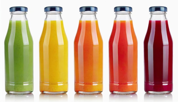 Foto glass bottles filled with fresh fruit juice colorful nutrientrich liquids healthy drink