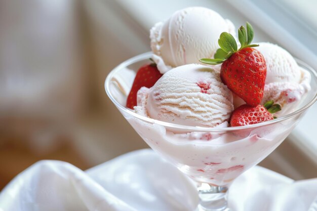 Glasschüssel mit Eis und Erdbeeren