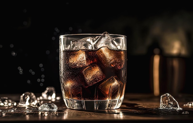 Glasse de cola con cubitos de hielo sobre un fondo negro