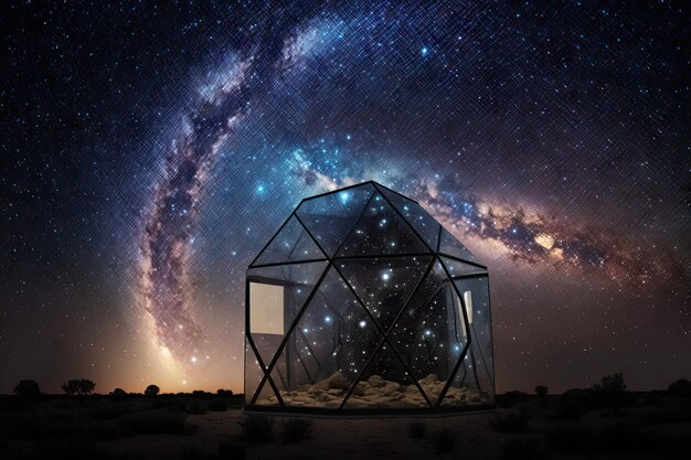 Glasstruktur mit Blick auf den Nachthimmel und die Sterne auf einem fernen Planeten